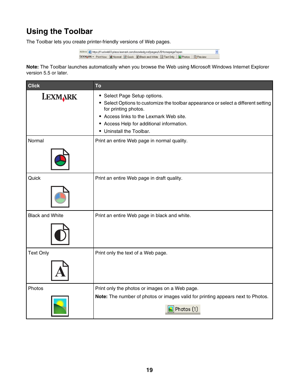 Using the toolbar | Lexmark 1400 Series User Manual | Page 19 / 53