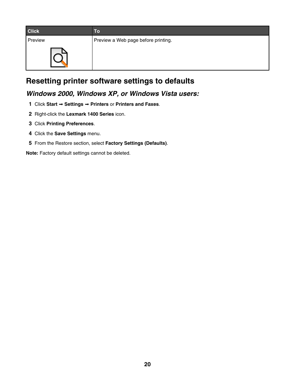 Resetting printer software settings to defaults, Windows 2000, windows xp, or windows vista users | Lexmark 1400 Series User Manual | Page 20 / 53