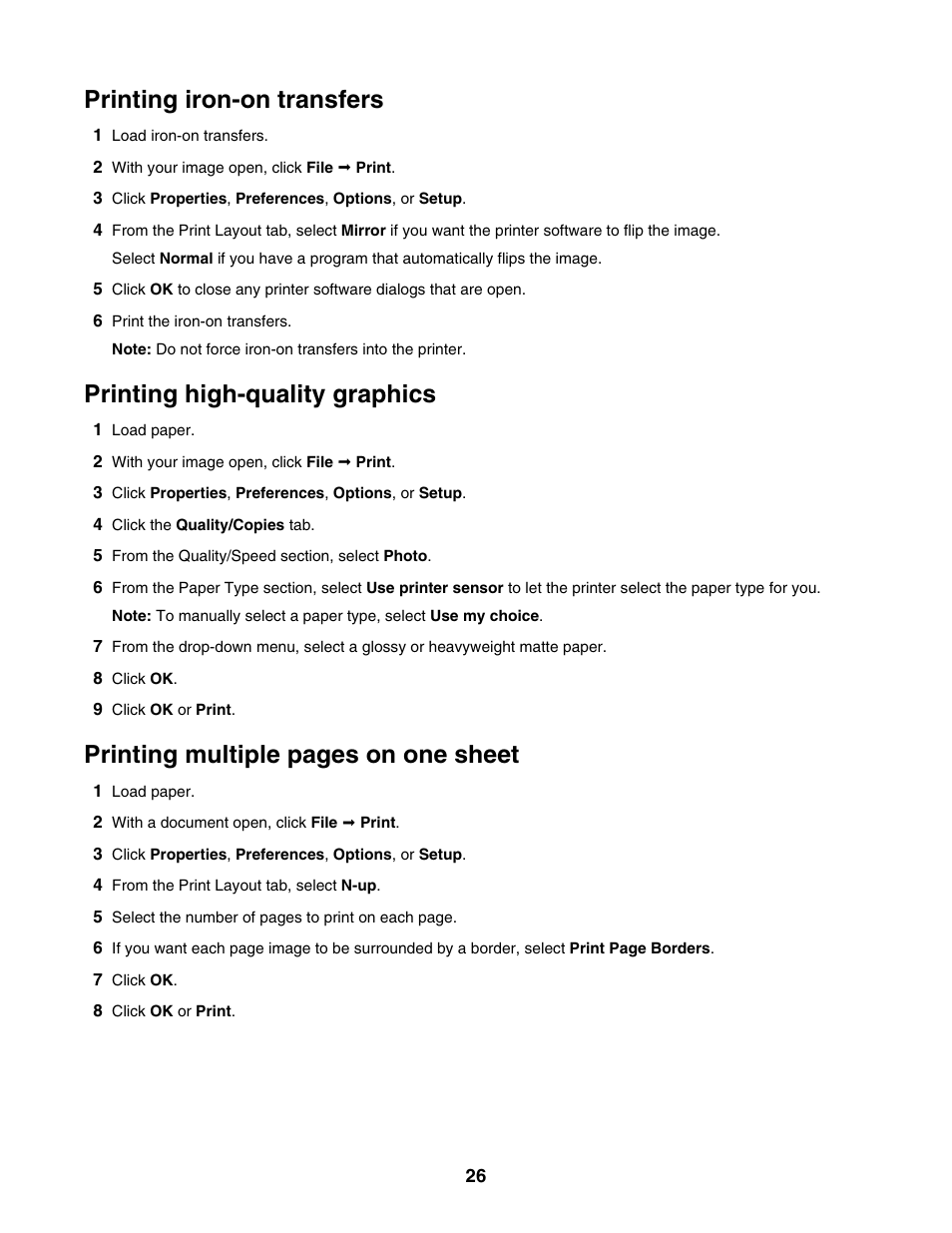 Printing iron-on transfers, Printing high-quality graphics, Printing multiple pages on one sheet | Lexmark 1400 Series User Manual | Page 26 / 53