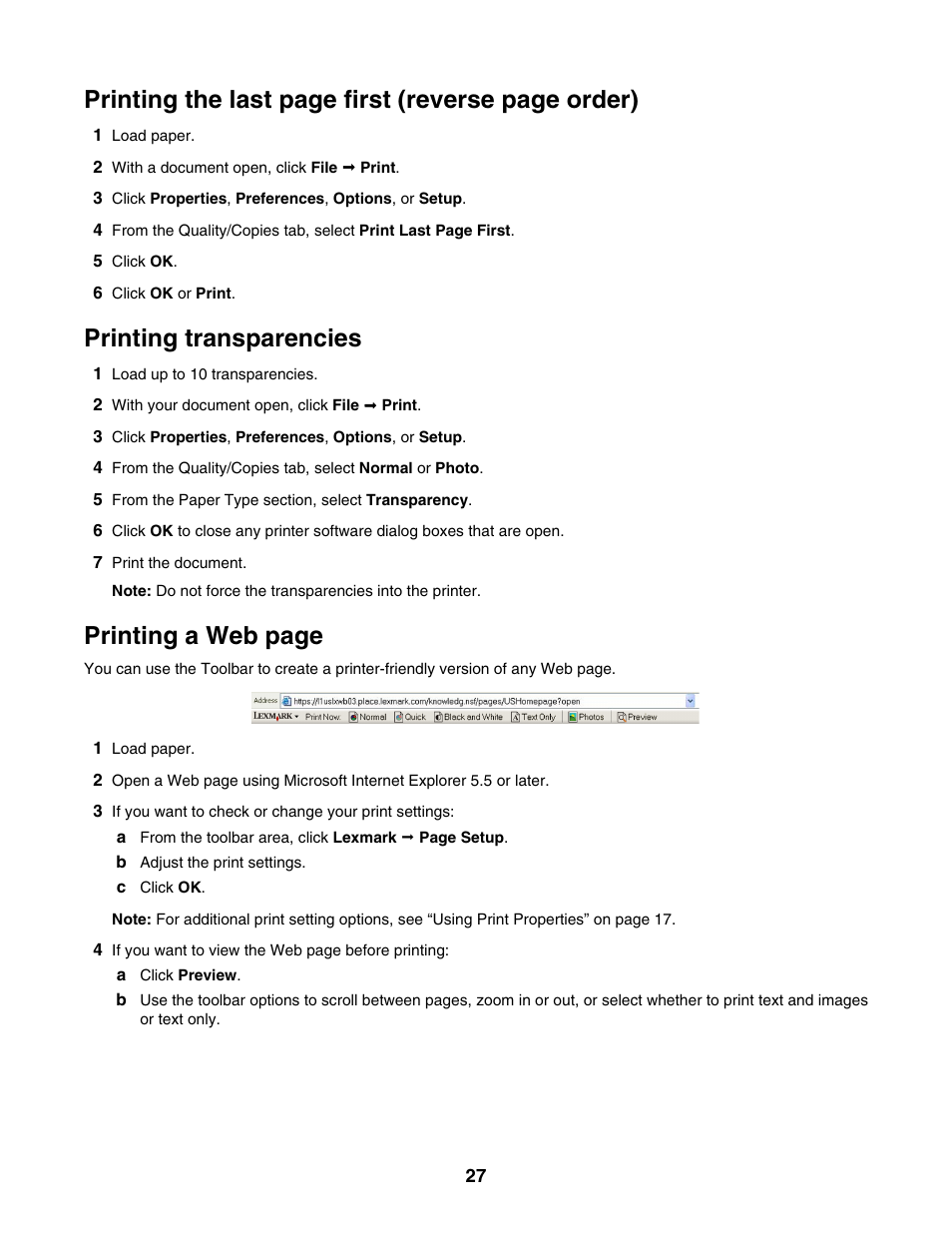 Printing transparencies, Printing the last page first (reverse page order), Printing a web page | Lexmark 1400 Series User Manual | Page 27 / 53