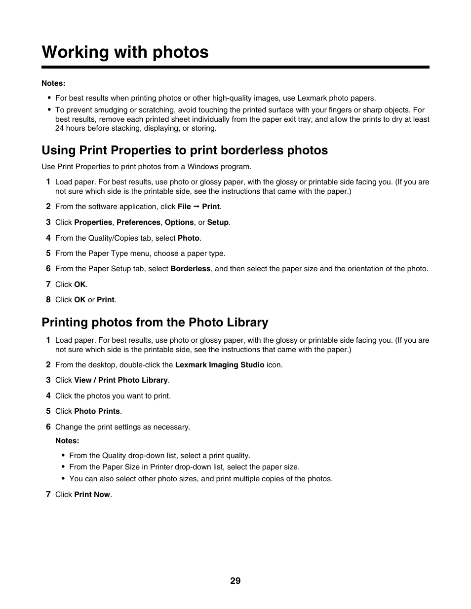 Working with photos, Using print properties to print borderless photos, Printing photos from the photo library | Lexmark 1400 Series User Manual | Page 29 / 53