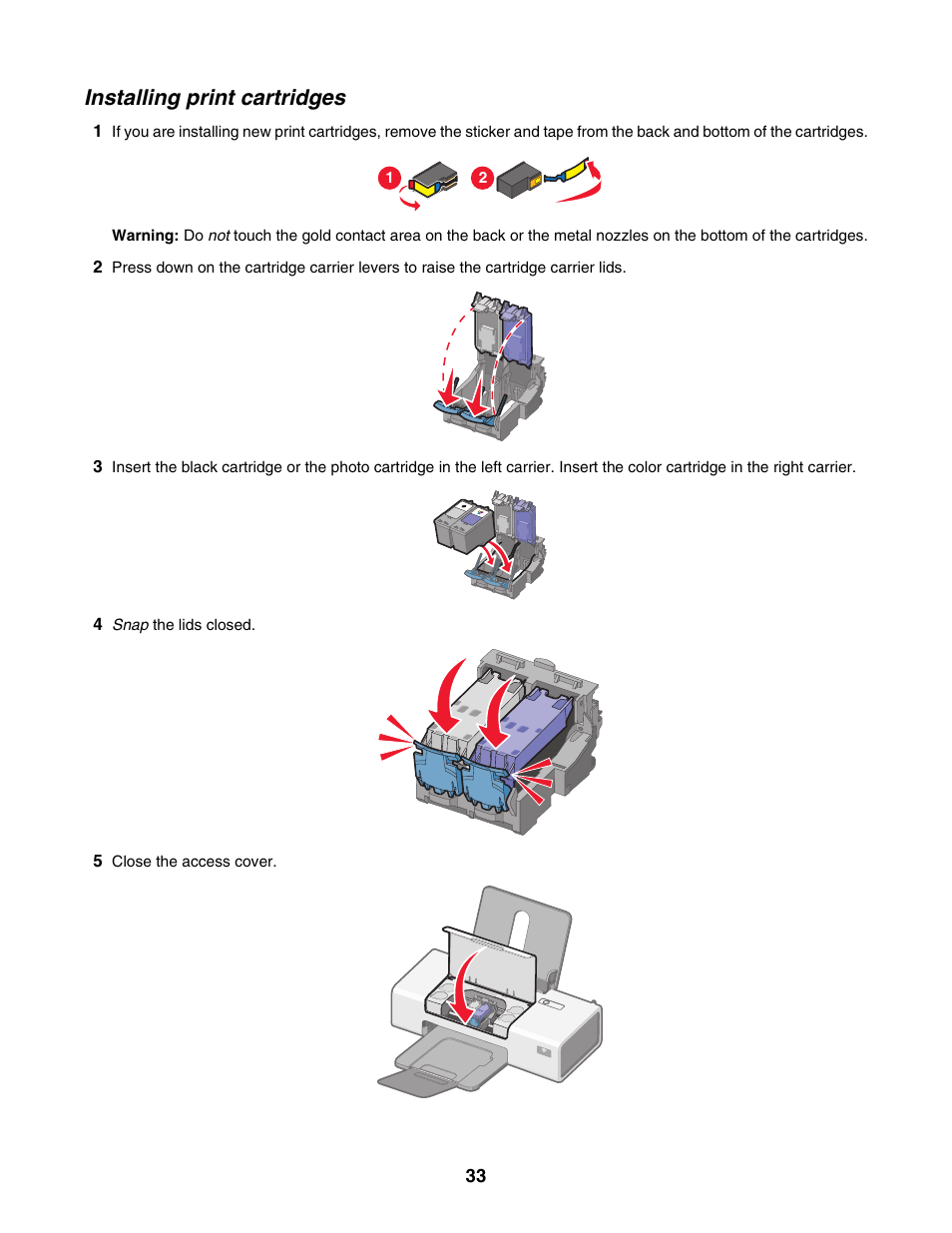 Installing print cartridges | Lexmark 1400 Series User Manual | Page 33 / 53