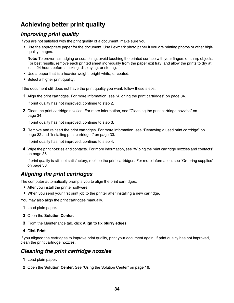 Achieving better print quality, Improving print quality, Aligning the print cartridges | Cleaning the print cartridge nozzles | Lexmark 1400 Series User Manual | Page 34 / 53