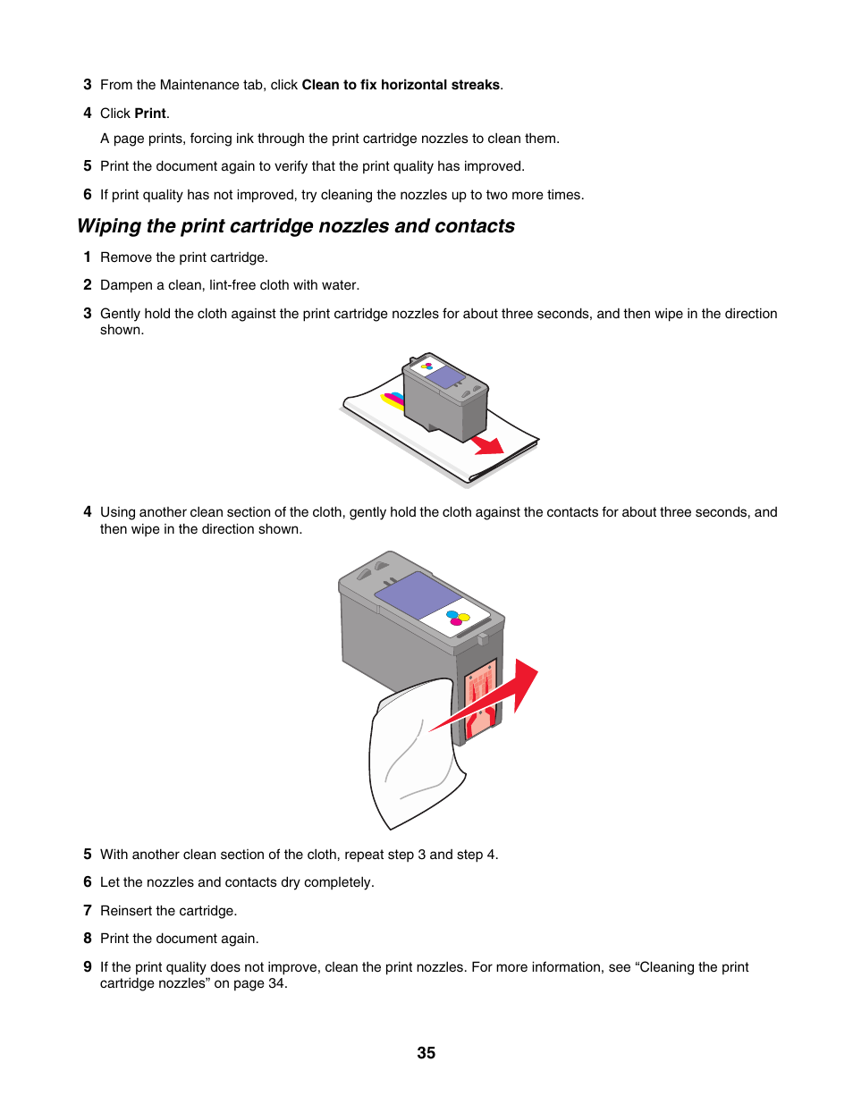 Wiping the print cartridge nozzles and contacts | Lexmark 1400 Series User Manual | Page 35 / 53