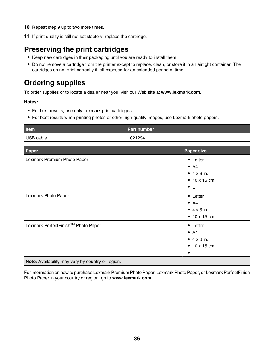 Preserving the print cartridges, Ordering supplies | Lexmark 1400 Series User Manual | Page 36 / 53