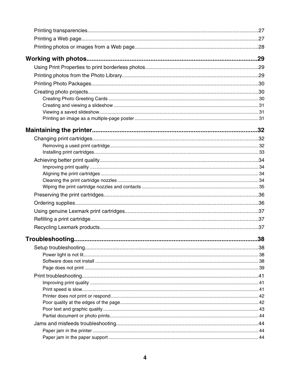 Working with photos, Maintaining the printer, Troubleshooting | Lexmark 1400 Series User Manual | Page 4 / 53