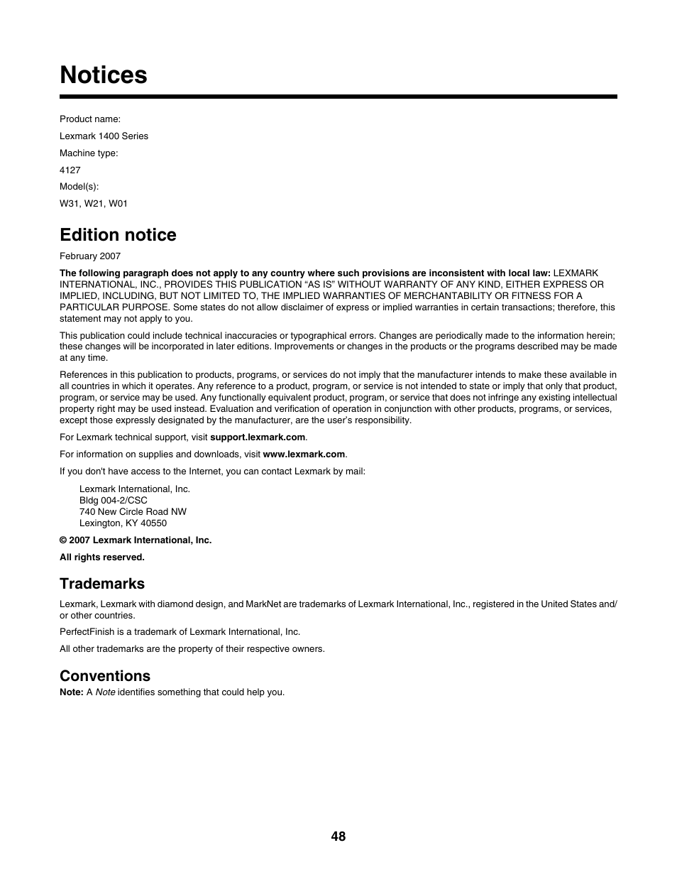 Notices, Edition notice, Trademarks | Conventions | Lexmark 1400 Series User Manual | Page 48 / 53