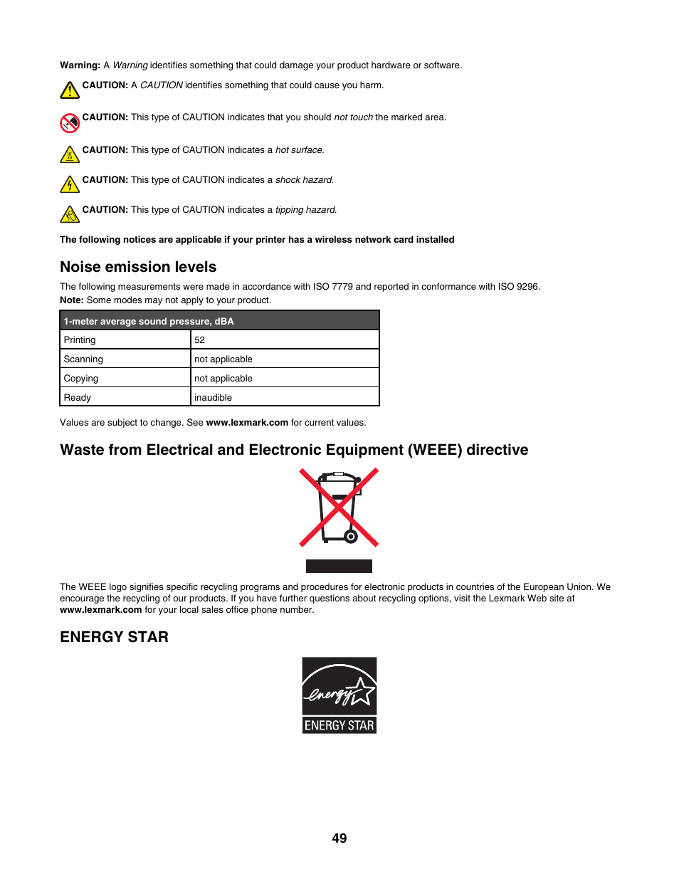 Noise emission levels, Energy star | Lexmark 1400 Series User Manual | Page 49 / 53