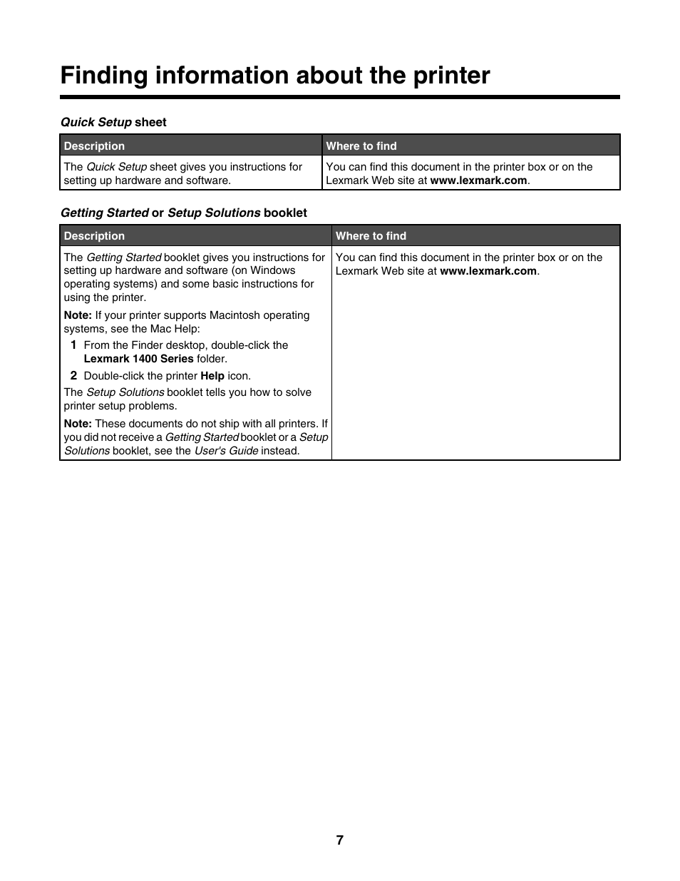 Finding information about the printer | Lexmark 1400 Series User Manual | Page 7 / 53
