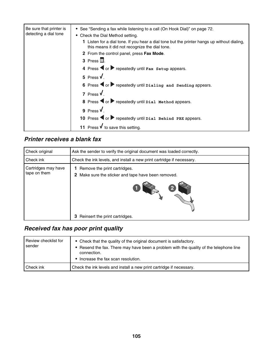 Printer receives a blank fax, Received fax has poor print quality | Lexmark 5400 User Manual | Page 105 / 127