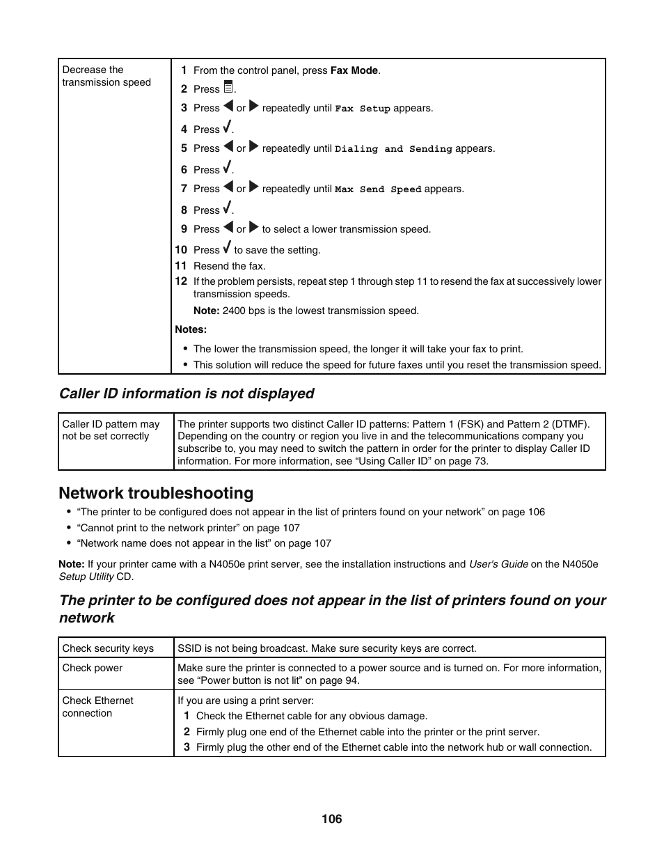 Caller id information is not displayed, Network troubleshooting | Lexmark 5400 User Manual | Page 106 / 127