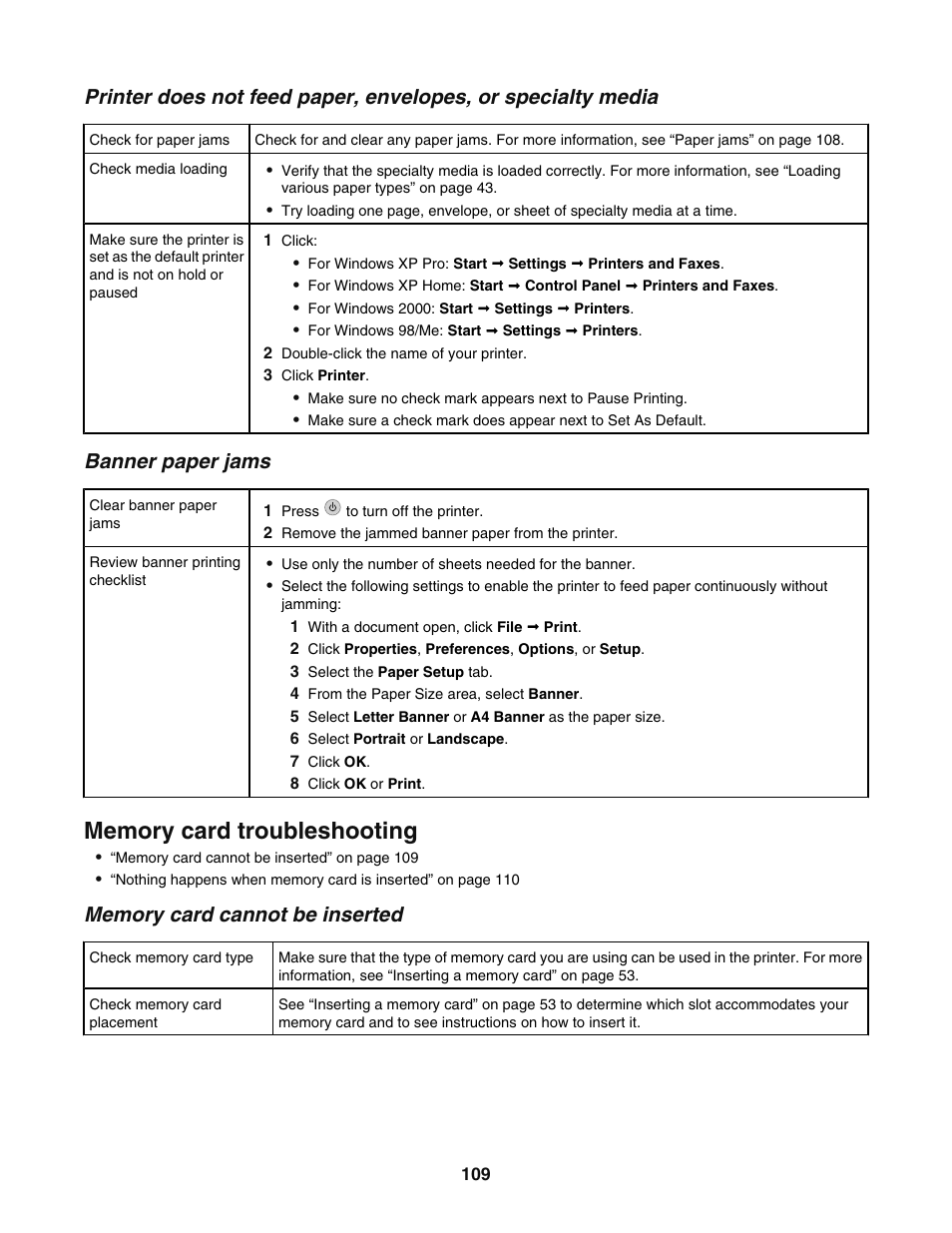 Banner paper jams, Memory card troubleshooting, Memory card cannot be inserted | Lexmark 5400 User Manual | Page 109 / 127
