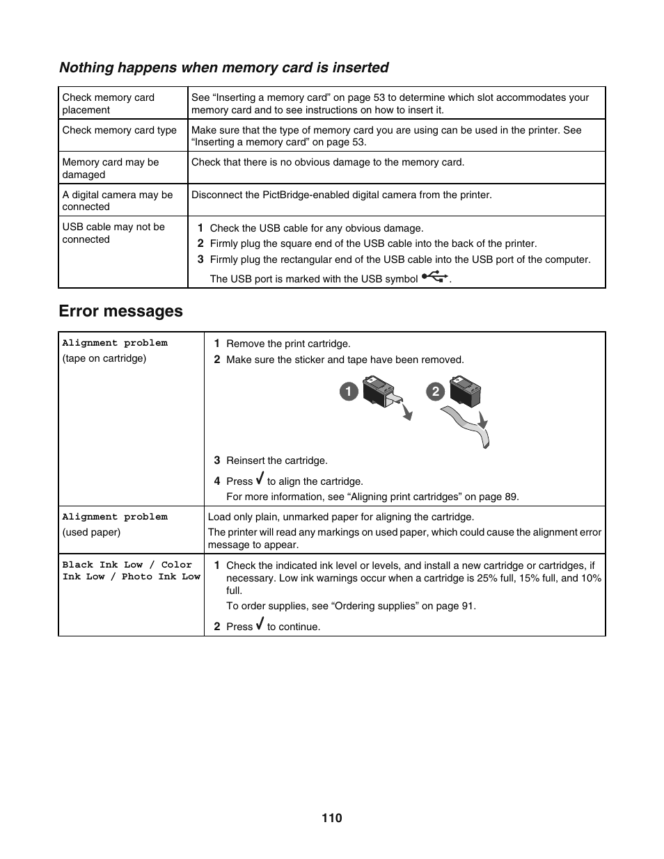Nothing happens when memory card is inserted, Error messages | Lexmark 5400 User Manual | Page 110 / 127