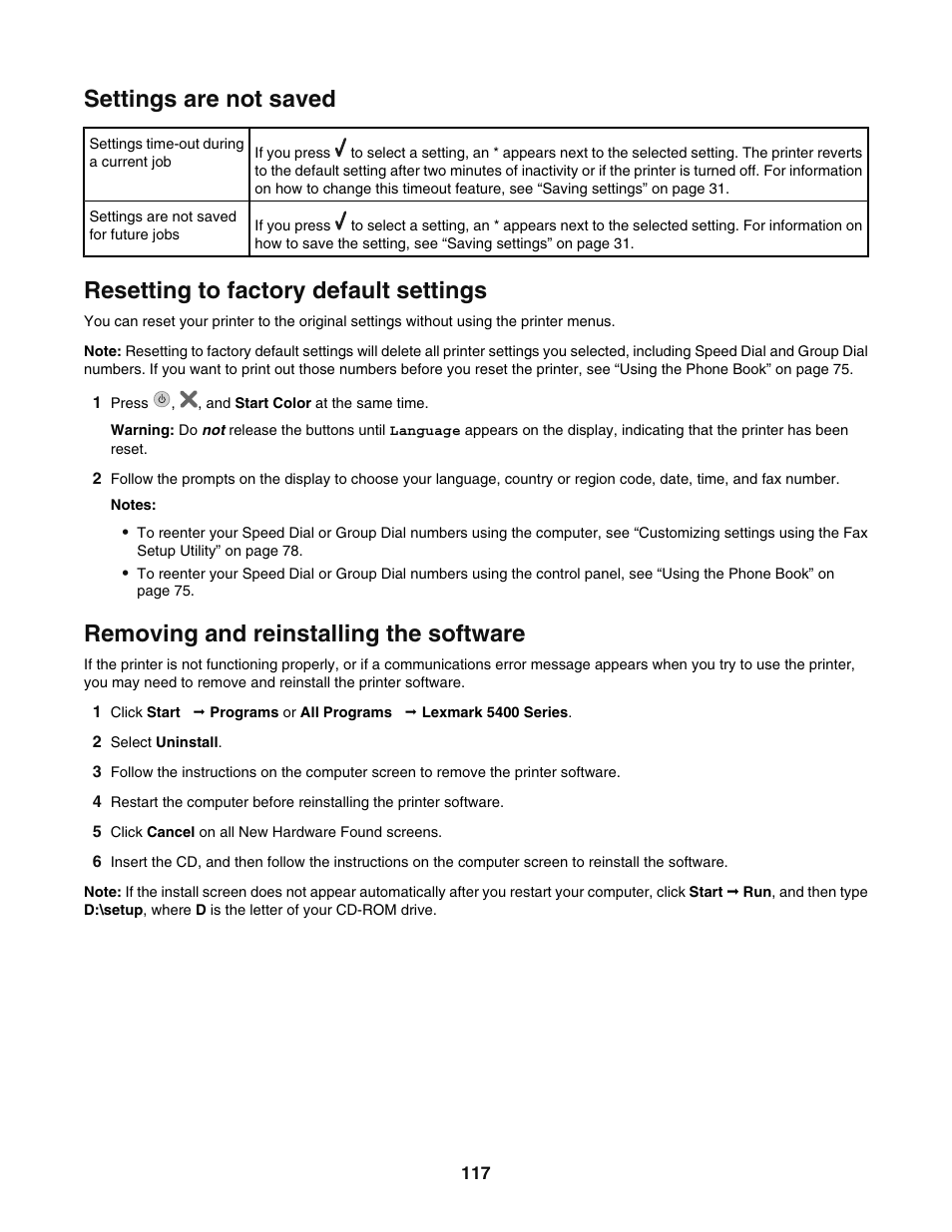 Settings are not saved, Resetting to factory default settings, Removing and reinstalling the software | Lexmark 5400 User Manual | Page 117 / 127