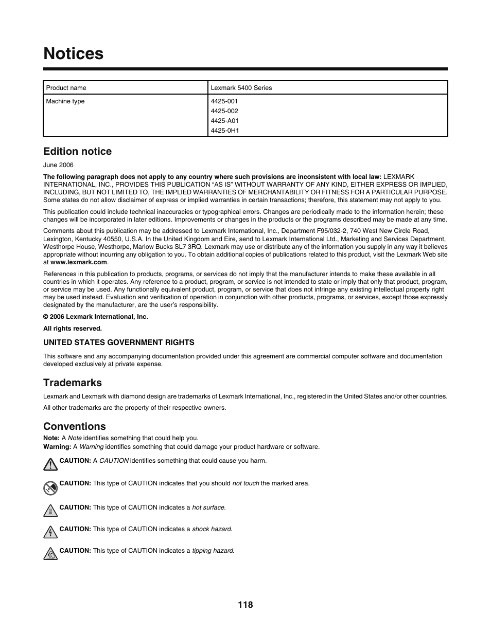 Notices, Edition notice, Trademarks | Conventions | Lexmark 5400 User Manual | Page 118 / 127