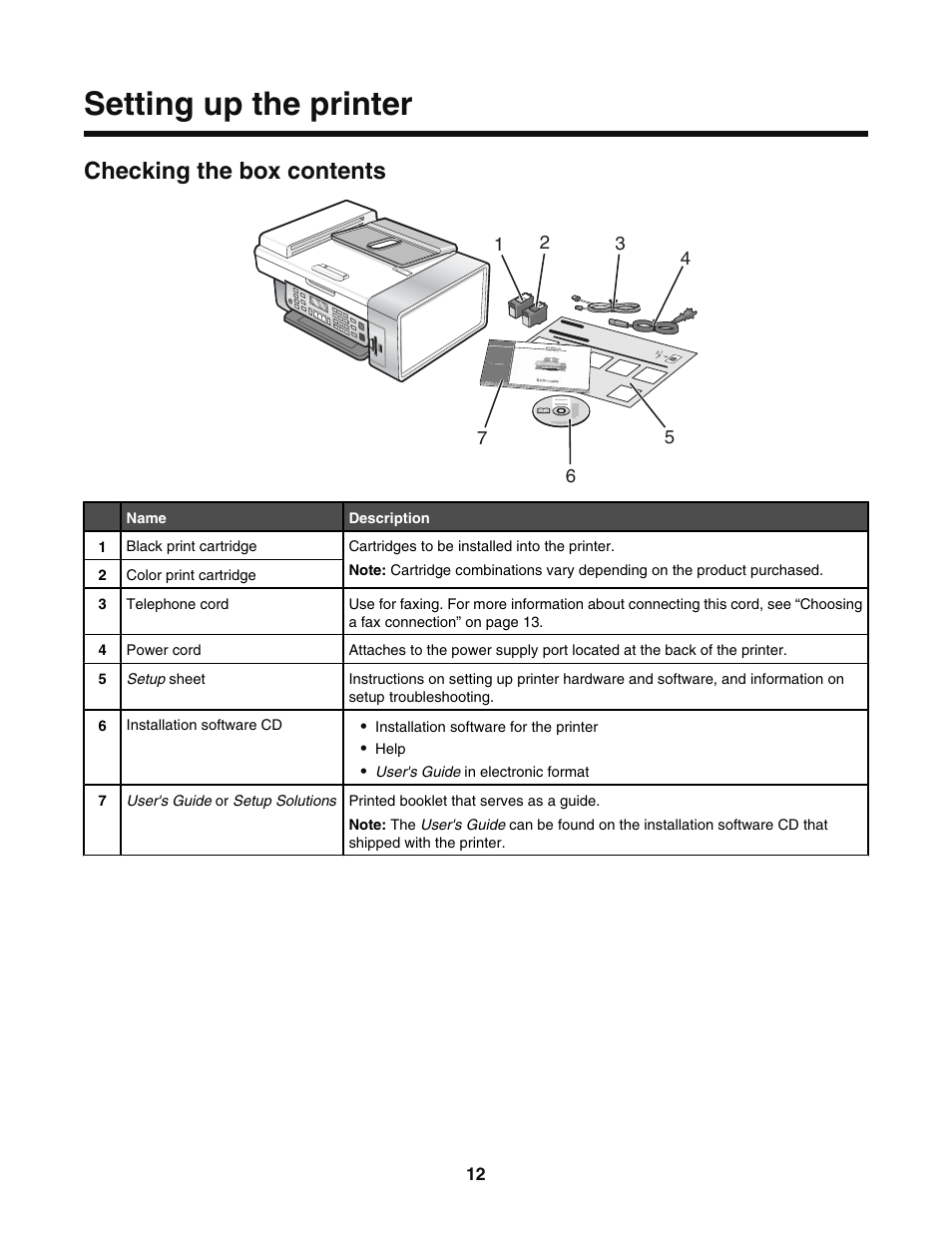 Setting up the printer, Checking the box contents | Lexmark 5400 User Manual | Page 12 / 127