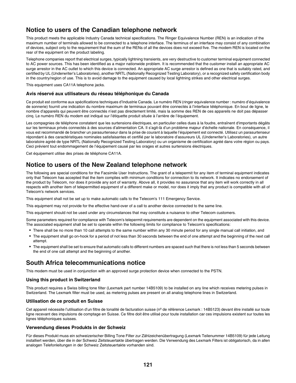 Notice to users of the canadian telephone network, South africa telecommunications notice | Lexmark 5400 User Manual | Page 121 / 127