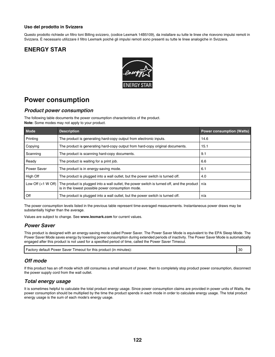 Energy star, Power consumption, Product power consumption | Power saver, Off mode, Total energy usage | Lexmark 5400 User Manual | Page 122 / 127