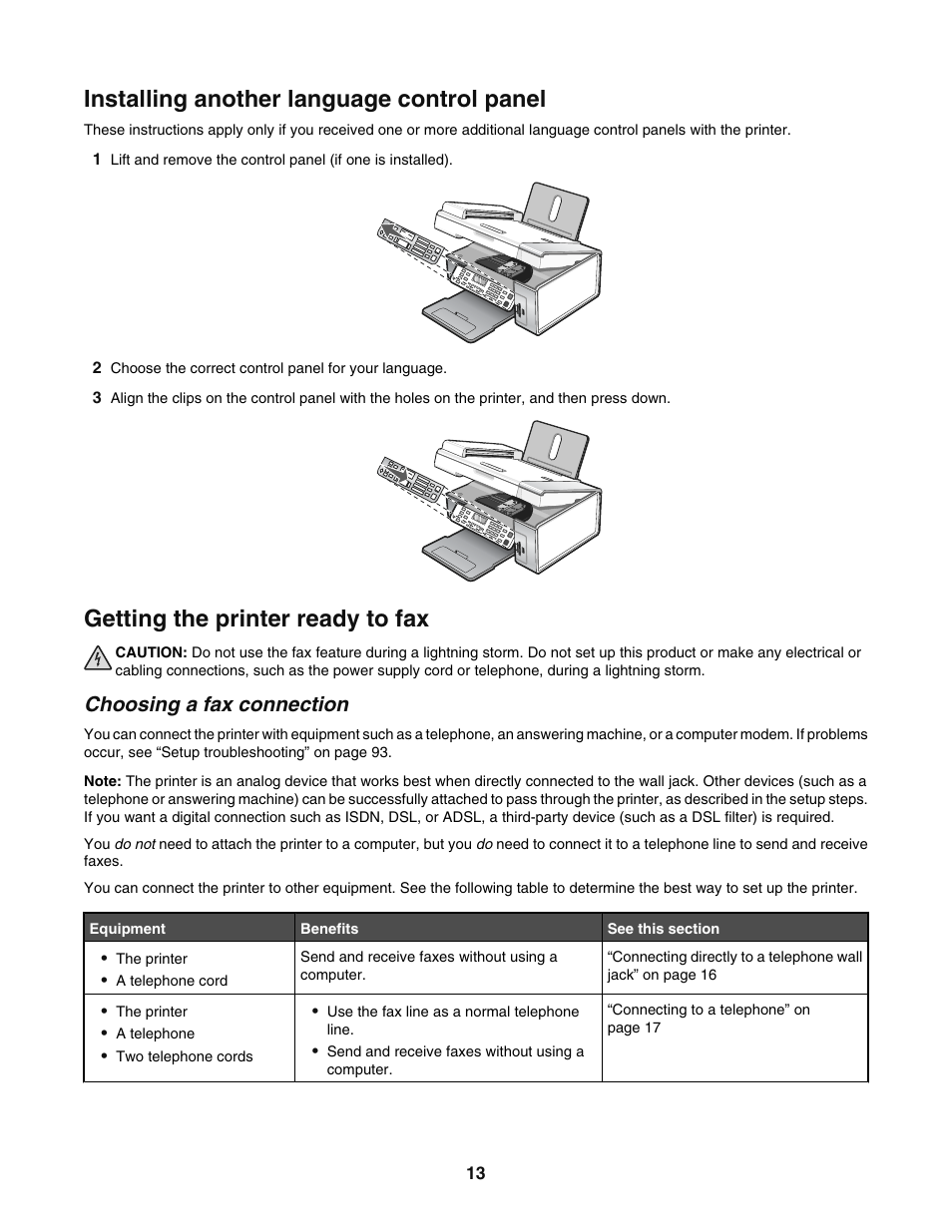 Installing another language control panel, Getting the printer ready to fax, Choosing a fax connection | Lexmark 5400 User Manual | Page 13 / 127