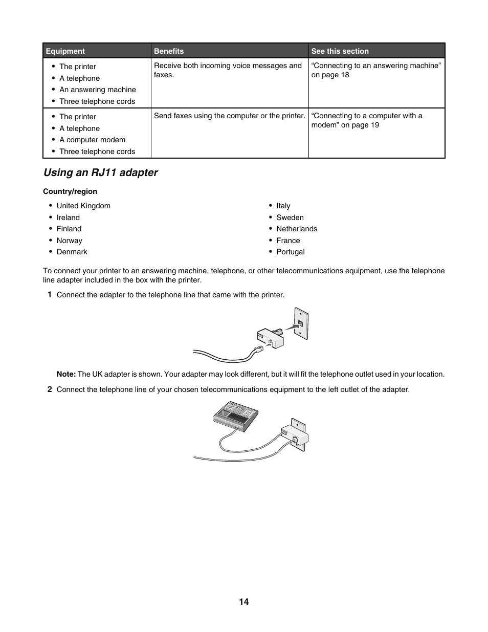 Using an rj11 adapter | Lexmark 5400 User Manual | Page 14 / 127