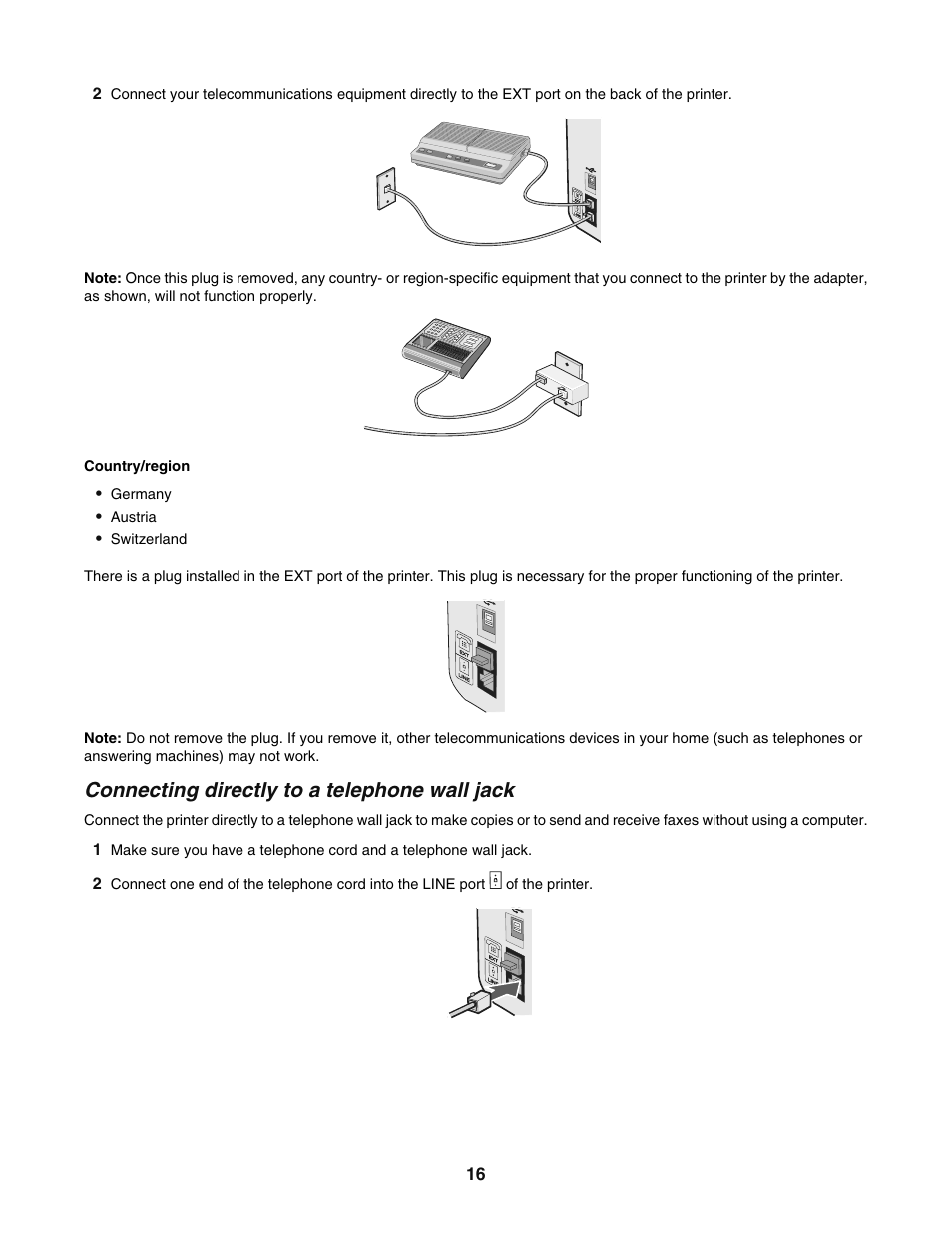 Connecting directly to a telephone wall jack | Lexmark 5400 User Manual | Page 16 / 127