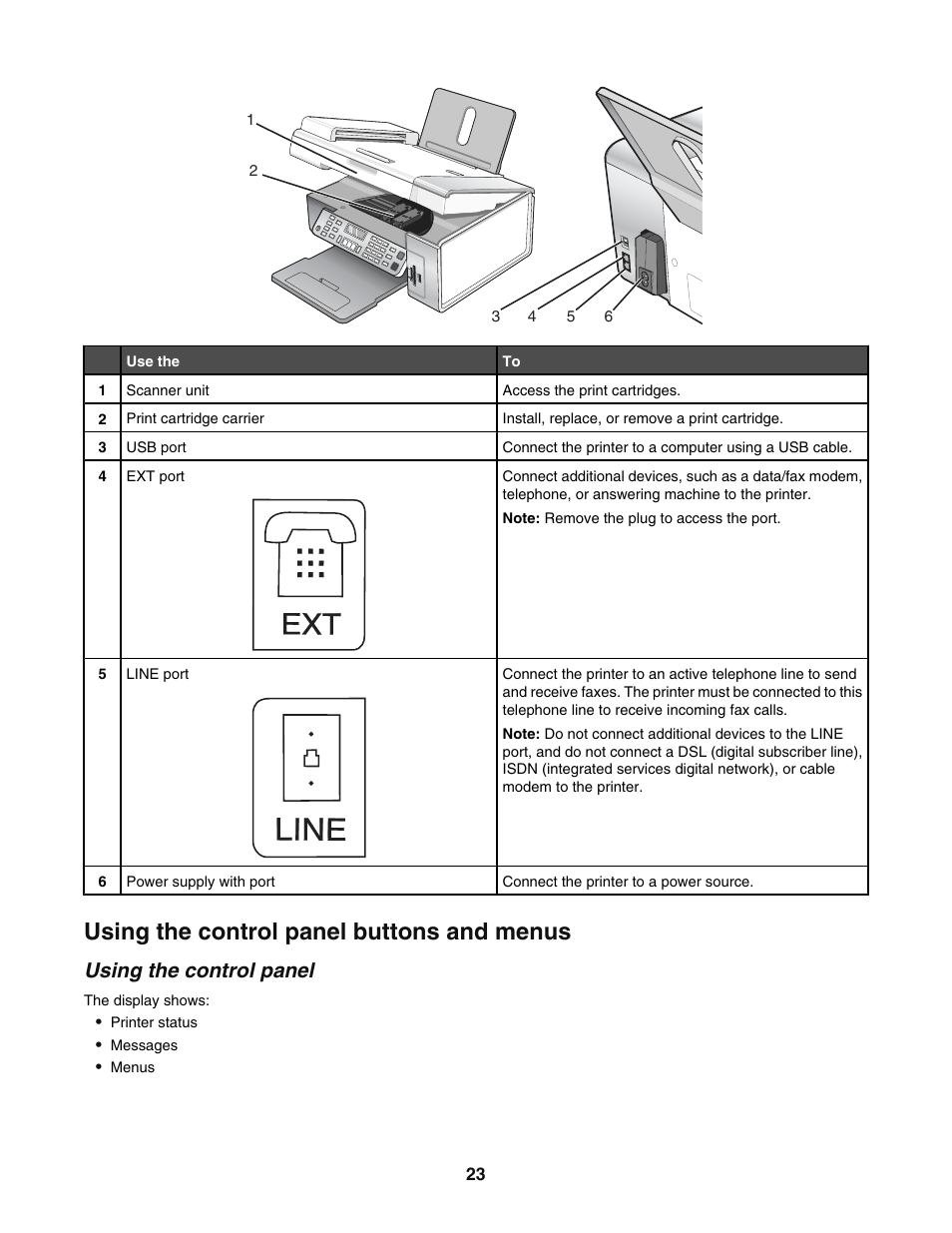 Using the control panel buttons and menus, Using the control panel, Line | Lexmark 5400 User Manual | Page 23 / 127