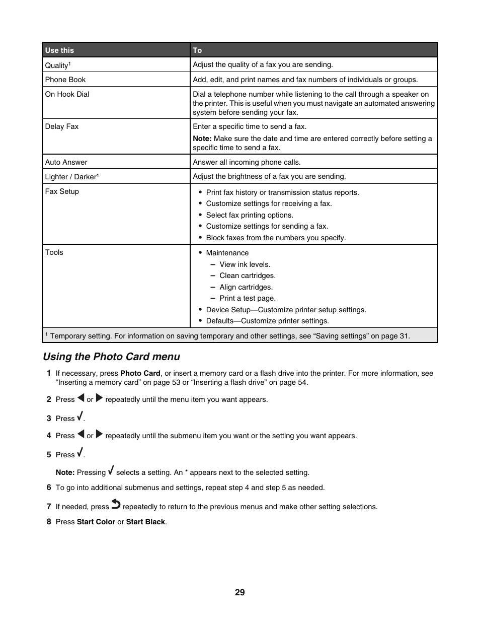 Using the photo card menu | Lexmark 5400 User Manual | Page 29 / 127