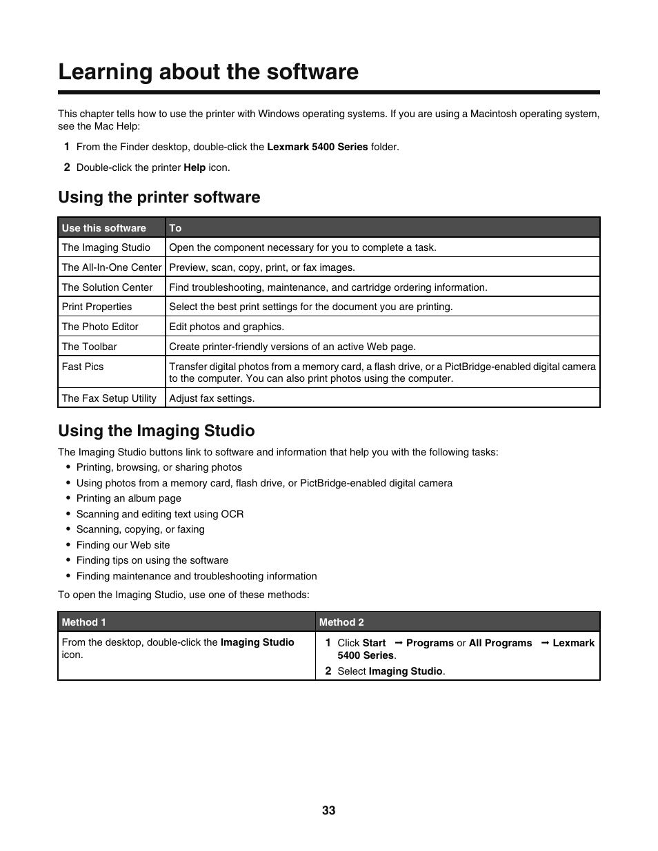 Learning about the software, Using the printer software, Using the imaging studio | Lexmark 5400 User Manual | Page 33 / 127