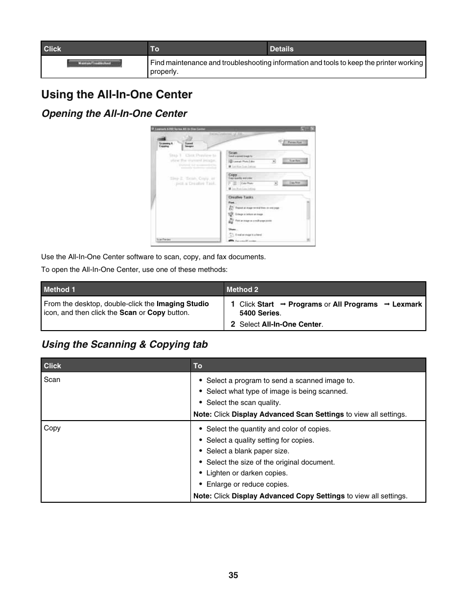 Using the all-in-one center, Opening the all-in-one center, Using the scanning & copying tab | Lexmark 5400 User Manual | Page 35 / 127