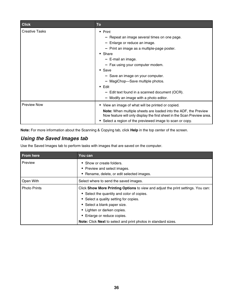 Using the saved images tab | Lexmark 5400 User Manual | Page 36 / 127