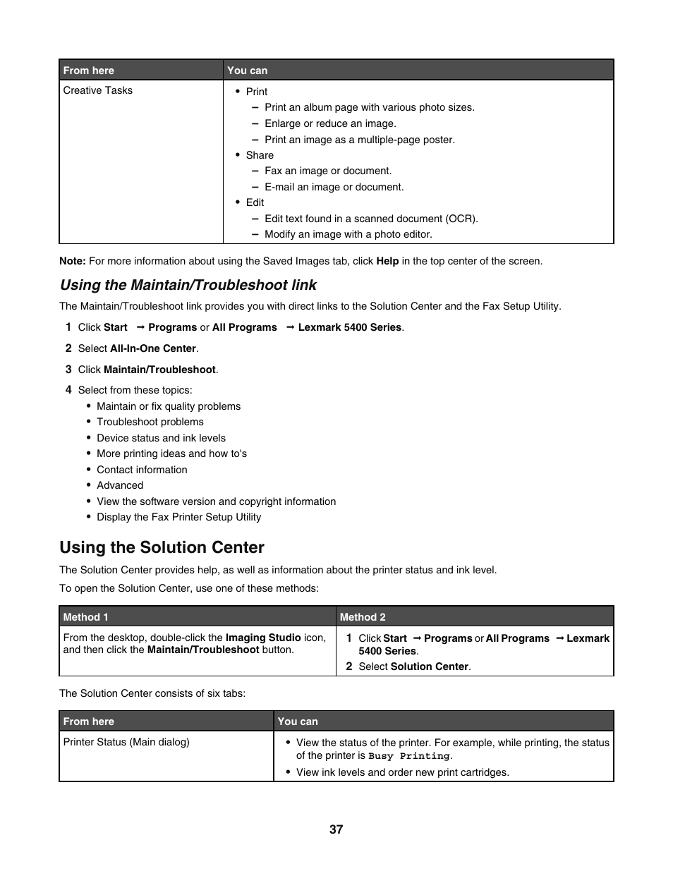 Using the maintain/troubleshoot link, Using the solution center | Lexmark 5400 User Manual | Page 37 / 127