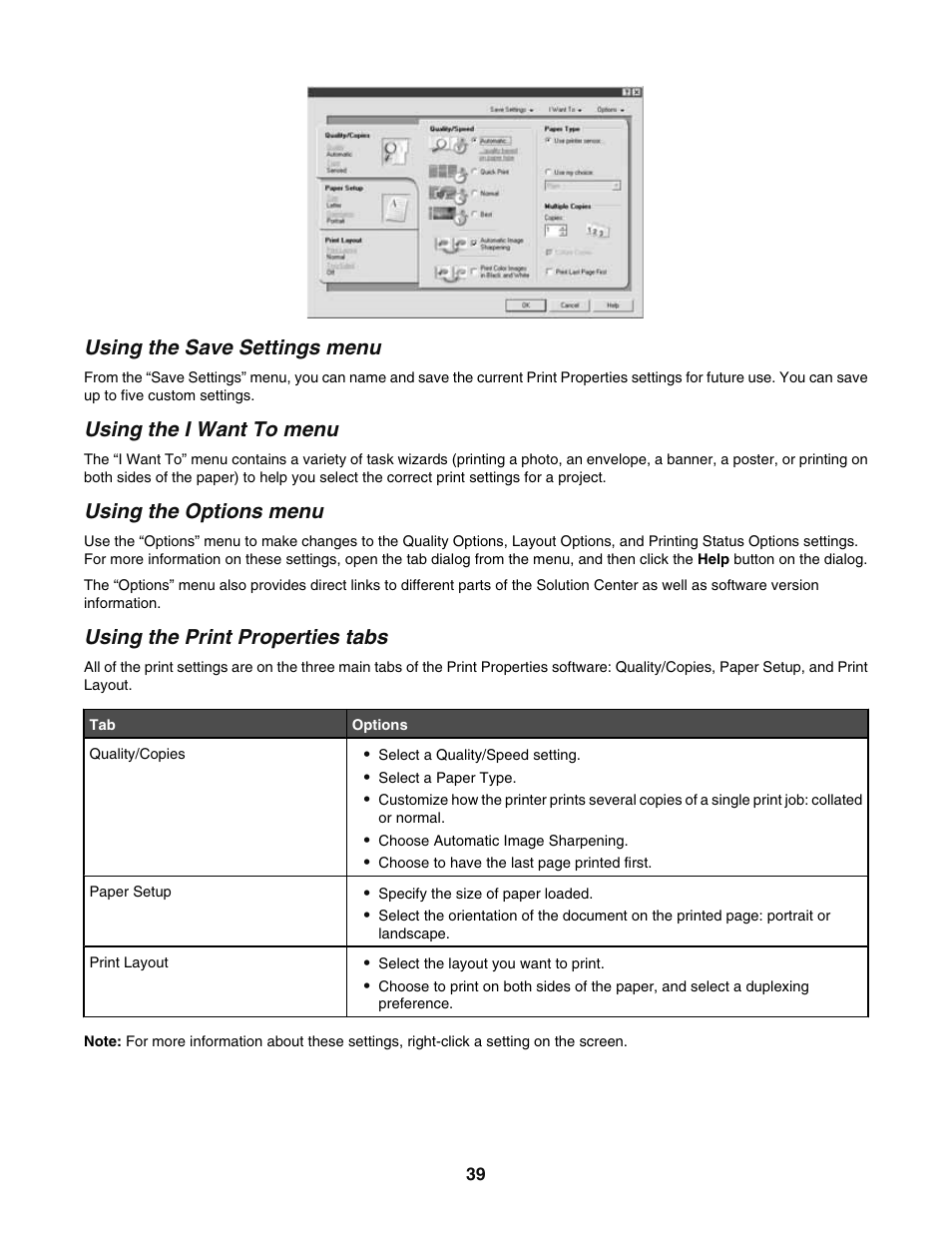 Using the save settings menu, Using the i want to menu, Using the options menu | Using the print properties tabs | Lexmark 5400 User Manual | Page 39 / 127