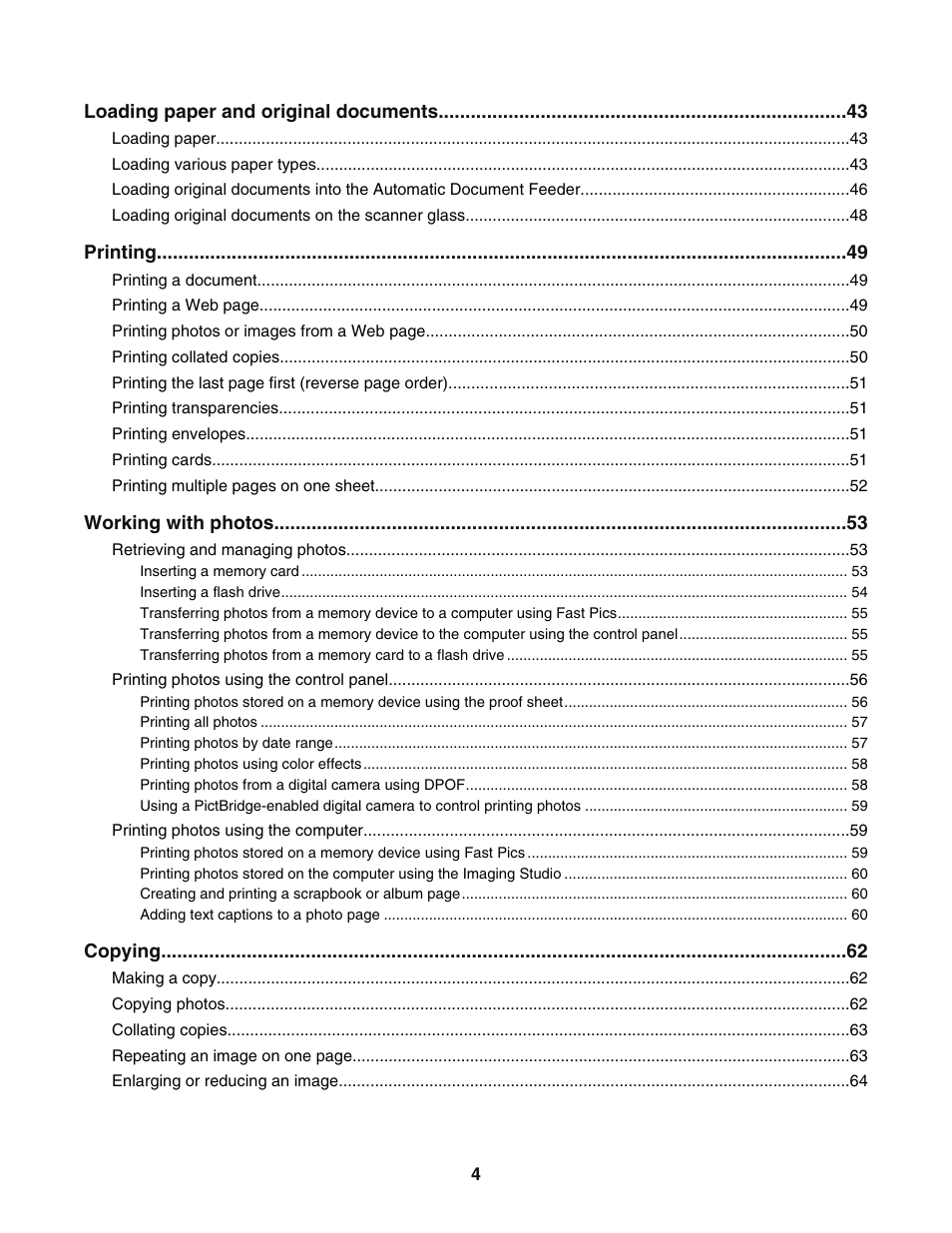 Loading paper and original documents, Printing, Working with photos | Copying | Lexmark 5400 User Manual | Page 4 / 127