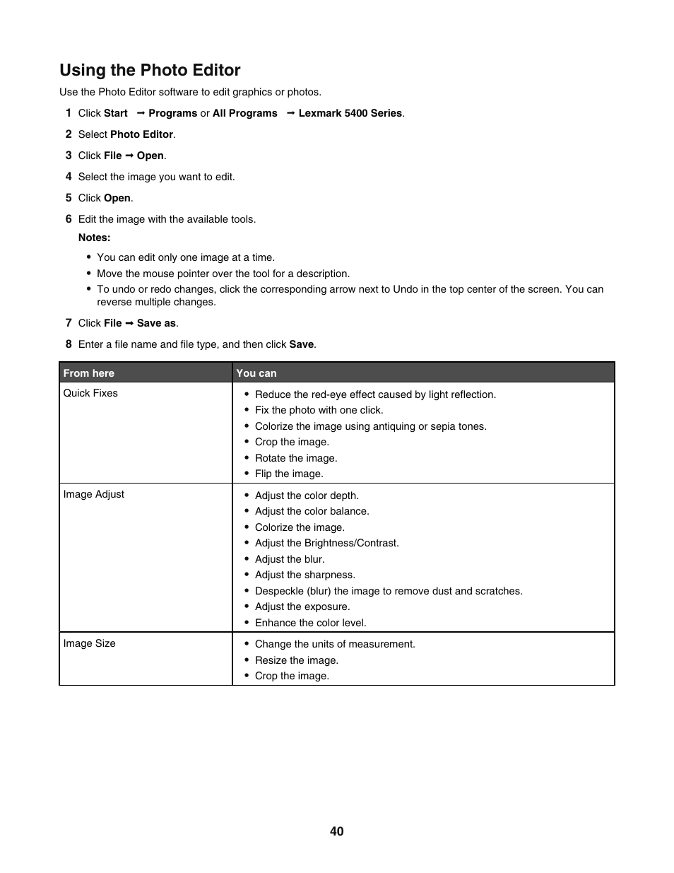 Using the photo editor | Lexmark 5400 User Manual | Page 40 / 127