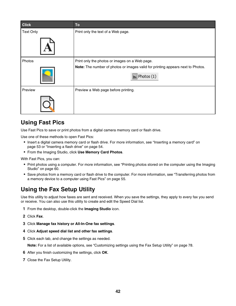 Using fast pics, Using the fax setup utility | Lexmark 5400 User Manual | Page 42 / 127