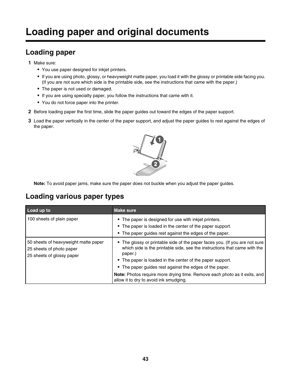 Loading paper and original documents, Loading paper, Loading various paper types | Lexmark 5400 User Manual | Page 43 / 127