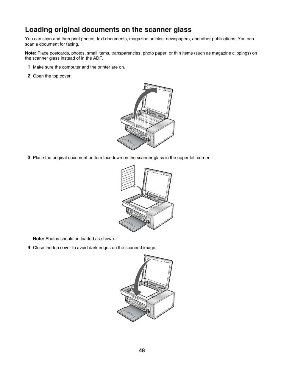 Loading original documents on the scanner glass | Lexmark 5400 User Manual | Page 48 / 127