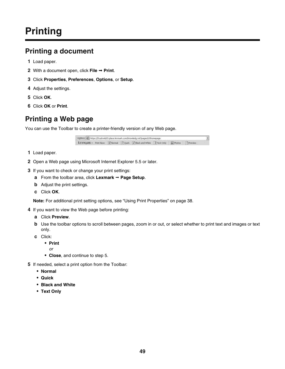Printing, Printing a document, Printing a web page | Lexmark 5400 User Manual | Page 49 / 127