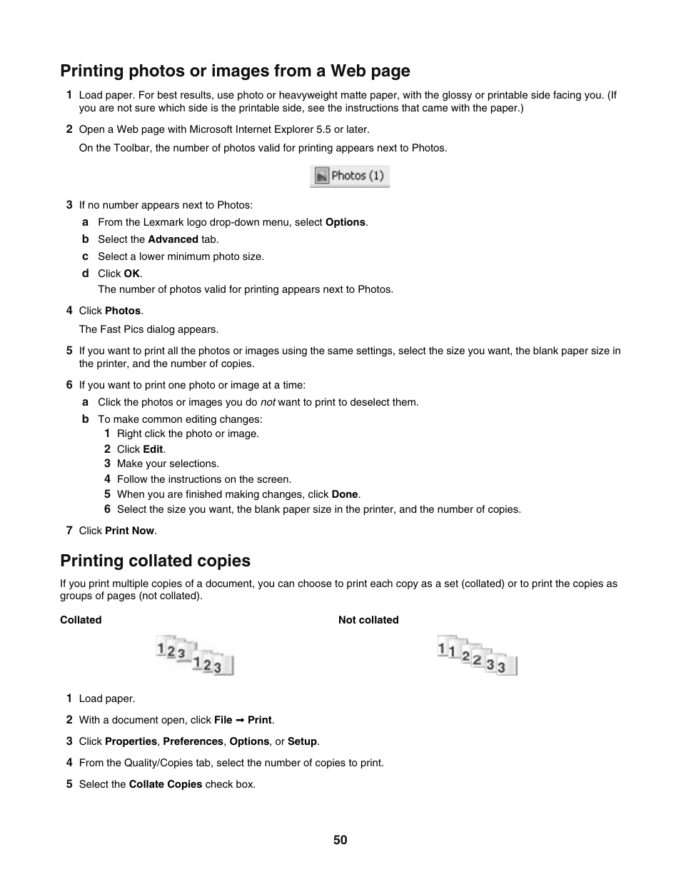 Printing collated copies, Printing photos or images from a web page | Lexmark 5400 User Manual | Page 50 / 127