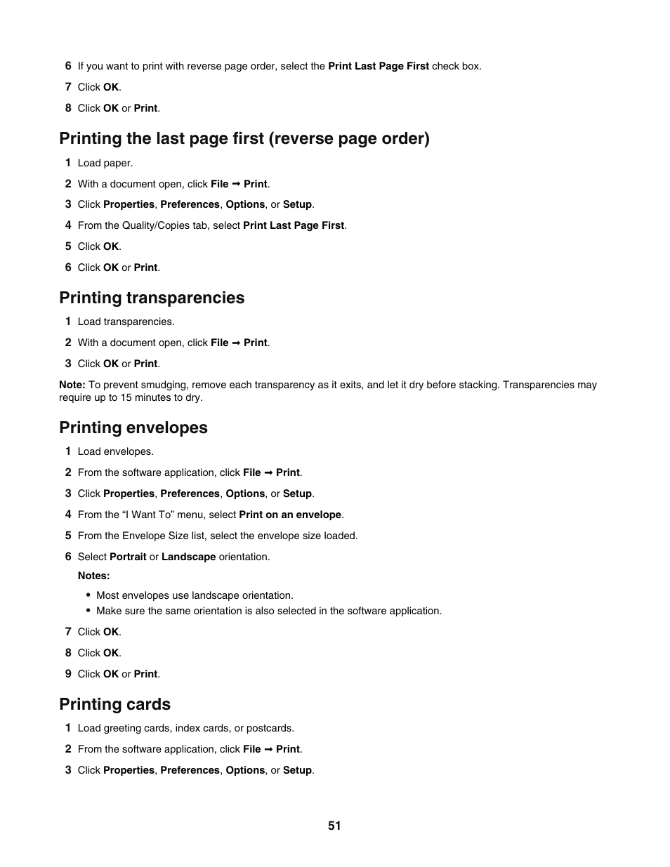 Printing transparencies, Printing envelopes, Printing cards | Printing the last page first (reverse page order) | Lexmark 5400 User Manual | Page 51 / 127