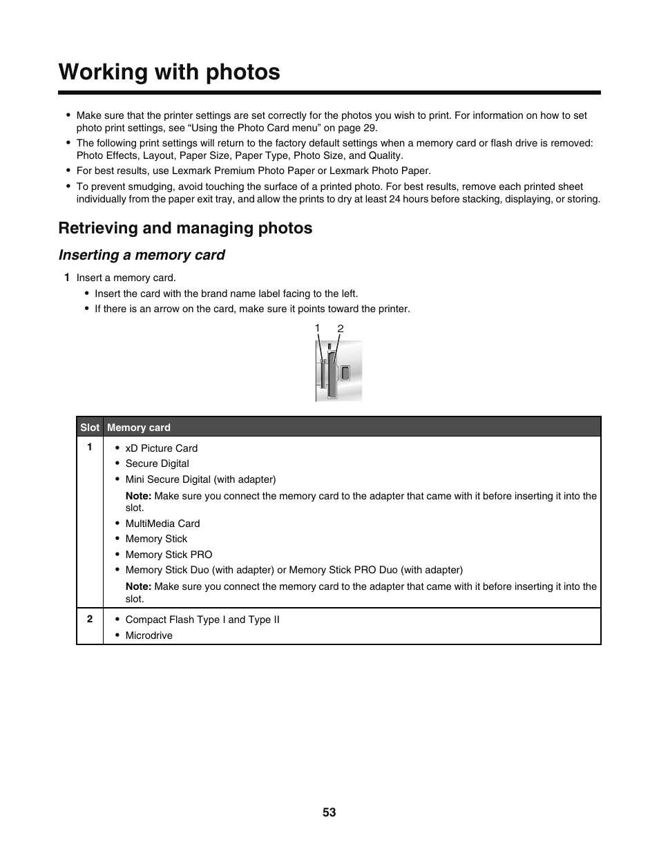 Working with photos, Retrieving and managing photos, Inserting a memory card | Lexmark 5400 User Manual | Page 53 / 127