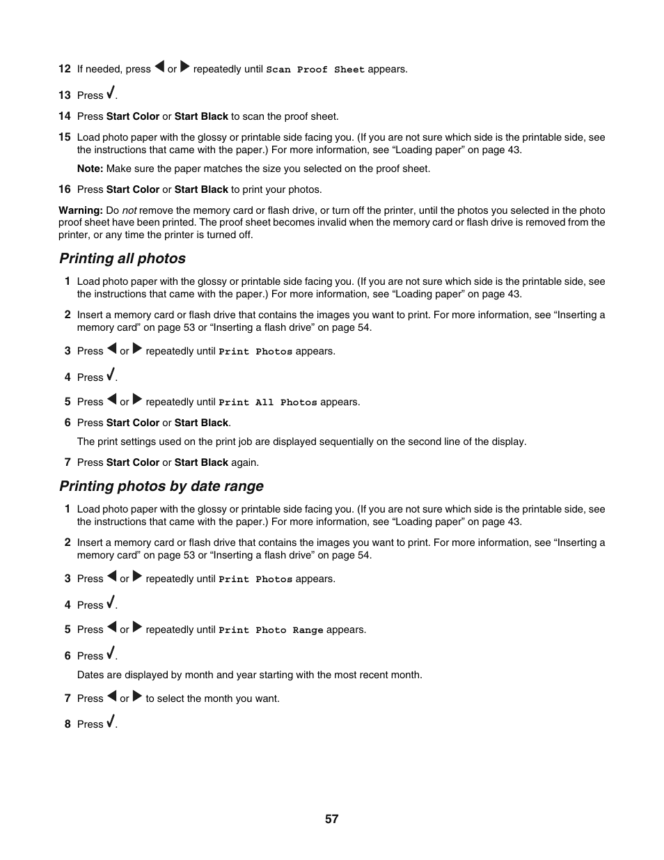 Printing all photos, Printing photos by date range | Lexmark 5400 User Manual | Page 57 / 127