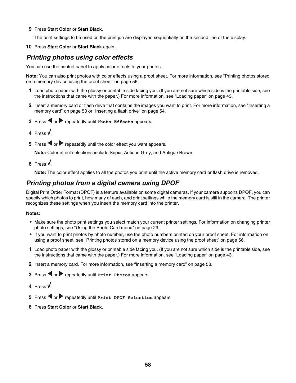 Printing photos using color effects, Printing photos from a digital camera using dpof | Lexmark 5400 User Manual | Page 58 / 127