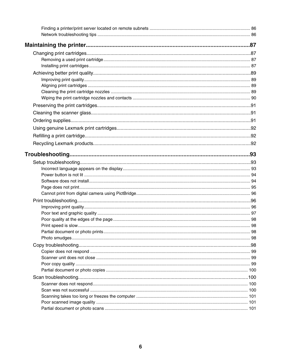 Maintaining the printer, Troubleshooting | Lexmark 5400 User Manual | Page 6 / 127