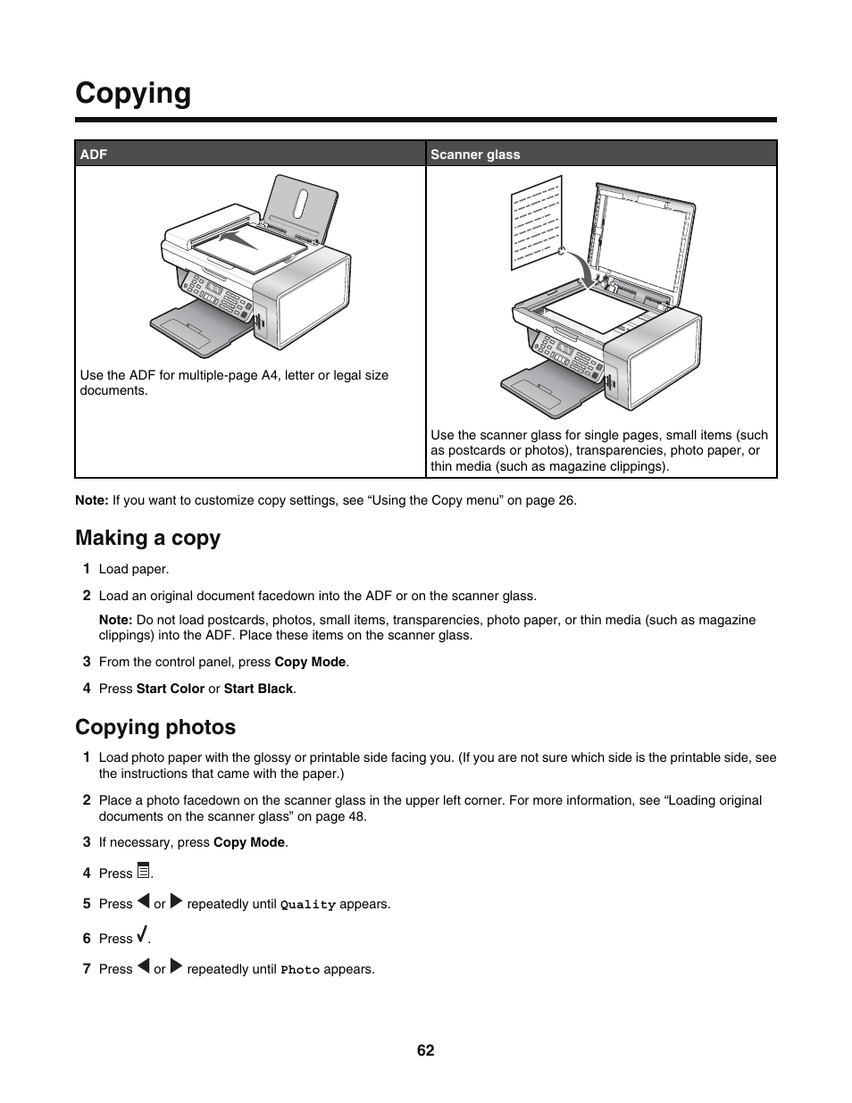 Copying, Making a copy, Copying photos | Lexmark 5400 User Manual | Page 62 / 127
