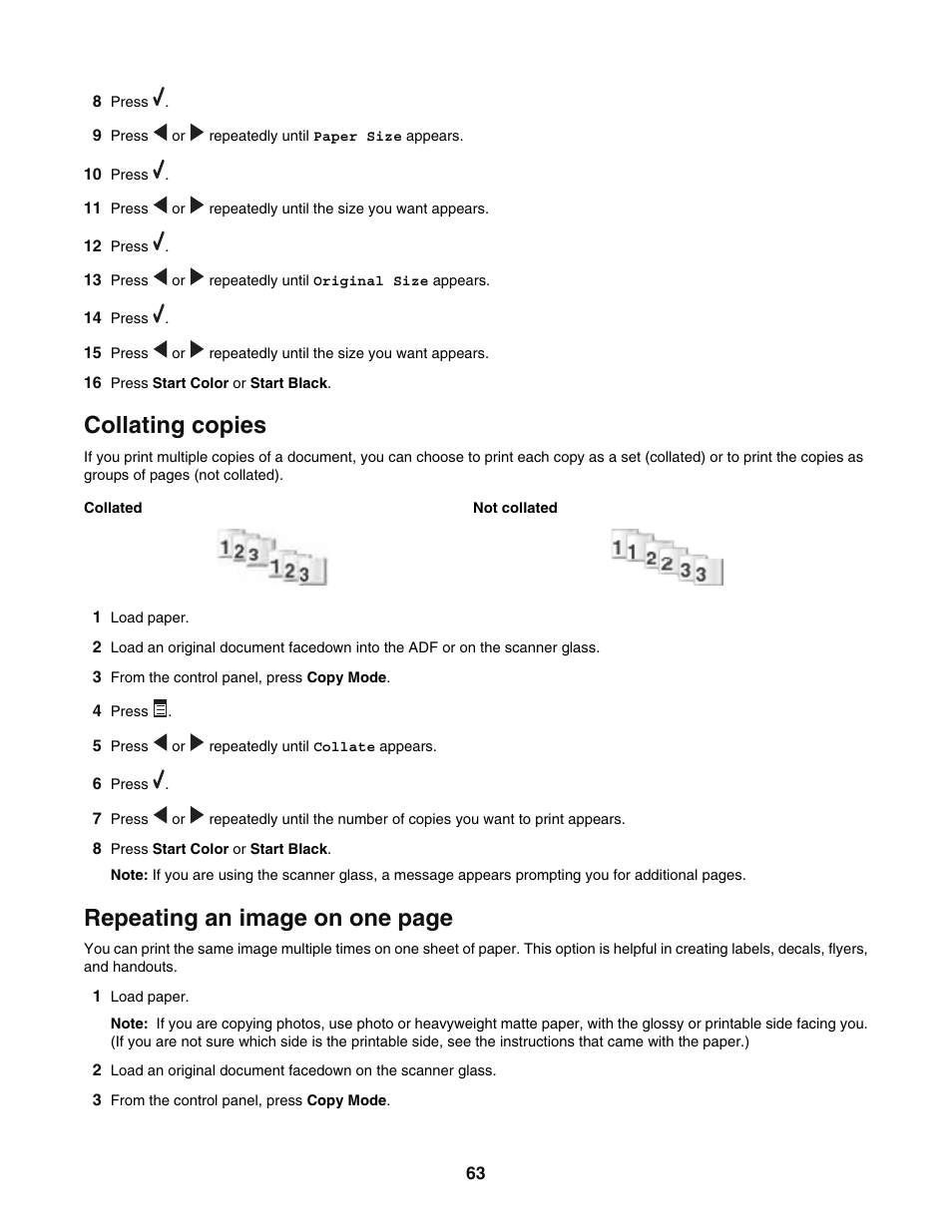 Collating copies, Repeating an image on one page | Lexmark 5400 User Manual | Page 63 / 127