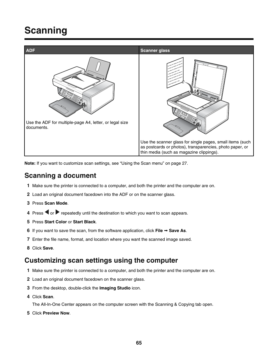 Scanning, Scanning a document, Customizing scan settings using the computer | Lexmark 5400 User Manual | Page 65 / 127