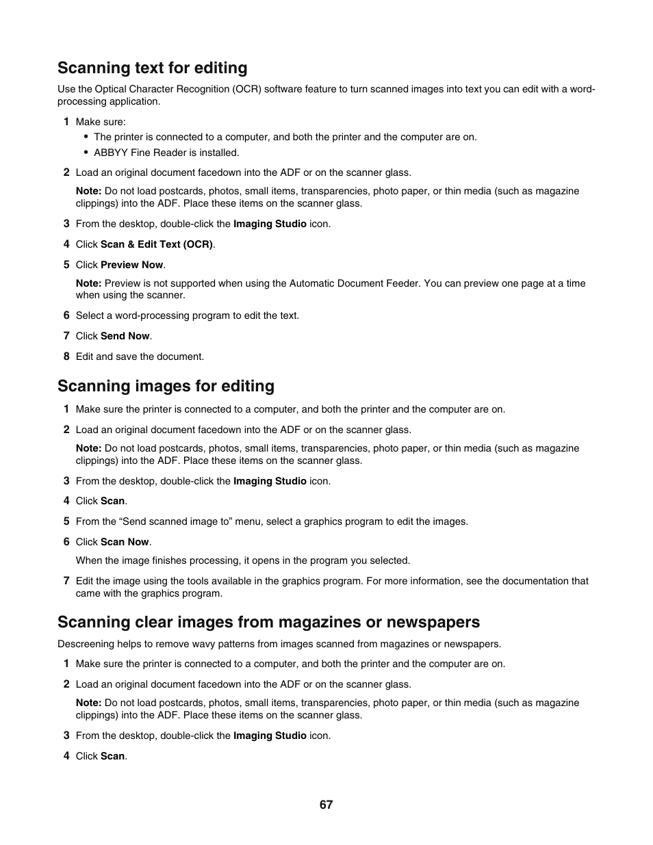 Scanning text for editing, Scanning images for editing, Scanning clear images from magazines or newspapers | Lexmark 5400 User Manual | Page 67 / 127