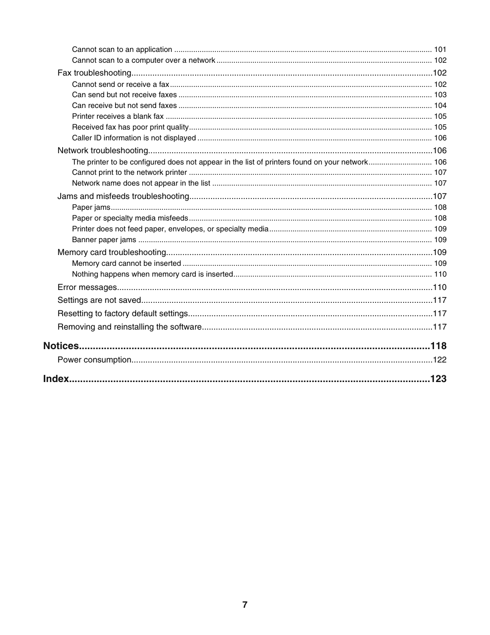 Notices, Index | Lexmark 5400 User Manual | Page 7 / 127