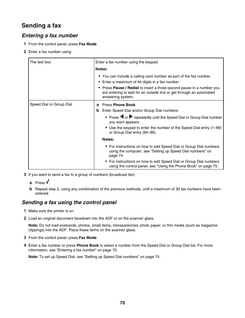 Sending a fax, Entering a fax number, Sending a fax using the control panel | Lexmark 5400 User Manual | Page 70 / 127
